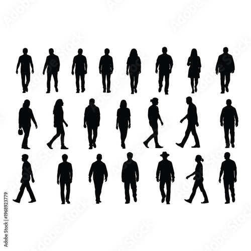 A collection of diverse black silhouettes depicting people walking in various poses