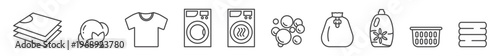Dryer, washing machine, shirt, laundry bag, basket, and softener line icon set. Minimal laundry symbols for self-service, hand washing, cleaning services, household care, and modern UI design.