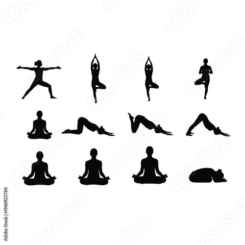 Collection of black silhouettes depicting various yoga poses and a resting figure
