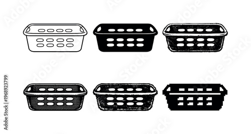Rectangular clothes basket with ventilation holes and side grips, intended for transporting laundry items | Create ONE image