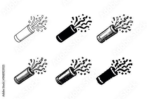 Party confetti cannon with cylindrical body and ribbon burst from the opening, activated during festive events | Create ONE image