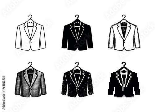 Business suit jacket draped on a triangular hanger with visible lapels and sleeves, kept ready for professional wear | Create ONE