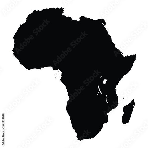 A stark black silhouette of the african continent against a white background
