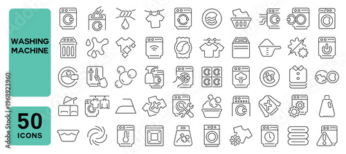 Set of 50 line icons related to washing machine, dryer, top load washer, laundry, smart washing, cleaning clothes, Editable stroke. Vector illustration