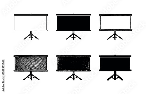 Portable projector screen with wide display area and compact top housing, commonly used for meetings and training sessions |