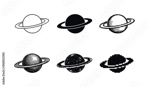 Six Saturn Planet Variants. Saturn style planet with prominent flat ring encircling a round sphere, symbolizing astronomy and