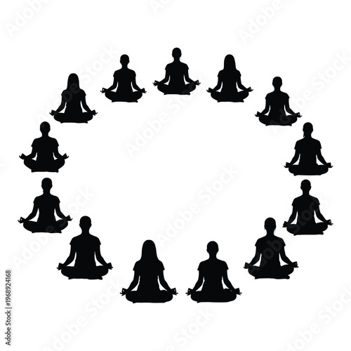 A circle of silhouetted figures meditating in a lotus position