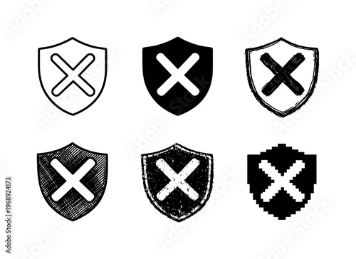 Protective shield featuring a prominent X mark, sign representing blocked access or denied security clearance | Create ONE image