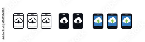 Seamless user experience outcome expressed through repeated smartphone with cloud sync symbols placed horizontally, same device
