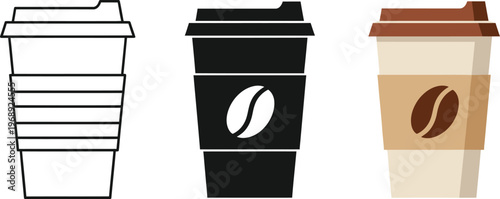 Collection of disposable coffee cups in various designs and colors