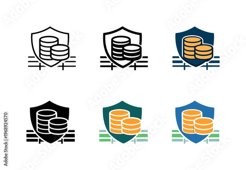 Emblem conveying monetary planning governance through a secured coin stack merged with a subtle shield and structured table lines