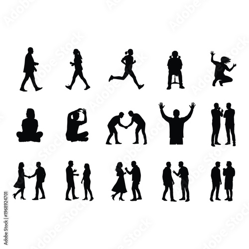 Collection of black silhouettes depicting diverse human poses and interactions