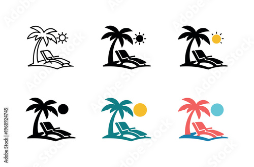 Symbol representing leisure oriented vacation living, combining a palm tree silhouette with a comfortable lounge chair and a