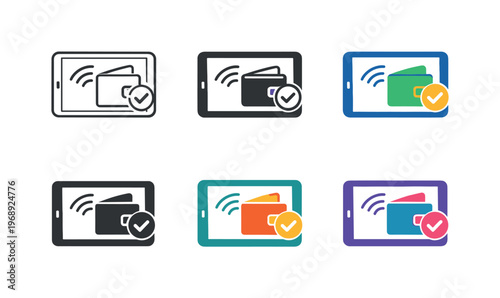 Visual metaphor for wireless checkout services depicted as a tablet outline paired with a digital wallet icon and subtle