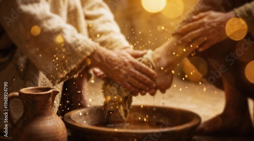 Blurred defocused background of Jesus washing feet, glowing water particles and bokeh, Maundy Thursday worship template
