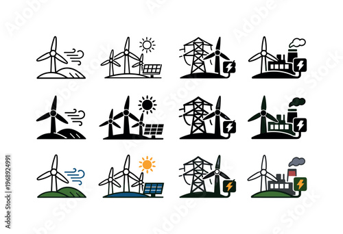 Set of icons representing renewable energy sources and power generation