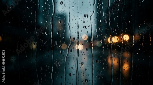 rainy night view through wet window with city lights