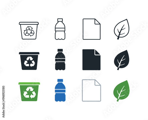 Recycling bin for waste sorting, plastic bottle for recyclable material, paper sheet for paper waste, and leaf for organic