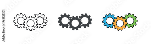 Mechanical rhythm metaphor symbolized by matching interlocking cogs aligned left to right, uniform teeth spacing and circular