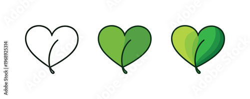 Planetary care metaphor symbolized by matching leaf-shaped hearts aligned left to right, uniform organic contours isolated on a