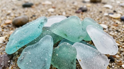 Sea glass fragments on sandy beach with pebbles