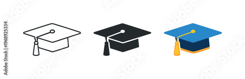 Graduation Caps Evolution. Intellectual growth metaphor symbolized by matching graduation caps aligned left to right, uniform