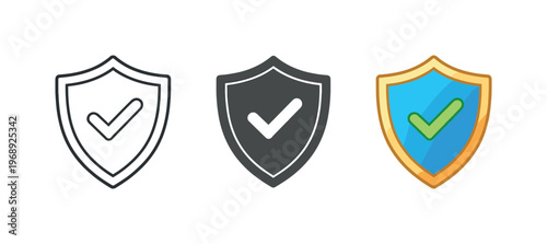Risk reduction metaphor symbolized by matching shield badges aligned left to right, uniform contours and central emblem space