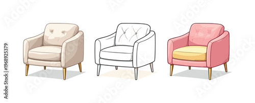 Elegance and comfort metaphor symbolized by matching luxury armchairs aligned left to right, uniform cushions armrests and legs