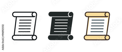 Formal Record Icons. Formal record metaphor symbolized by identical scroll pages placed left to right, same rolled edges and paper