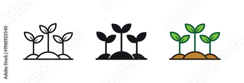 Prosperity metaphor symbolized by identical young plants with leaves positioned left to right, same stem length and leaf shape