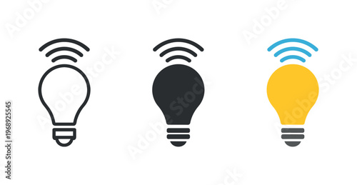Connected Light Bulbs. Networked comfort metaphor symbolized by identical light bulbs with signal marks positioned left to right,