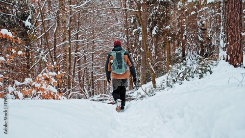 Male Hiker Walking Through Snowy Winter Forest Trail Path Blocked by Fallen Tree Branches Broken under Weight of Heavy Wet Snow