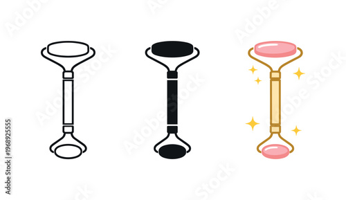 Glow enhancement metaphor symbolized by identical facial rollers placed left to right, same handle length and stone shape