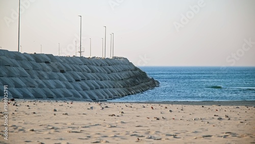 Seawall Coastal Defense Structure Breakwater Built with Concrete Slabs Protecting Yacht Harbor Marina Port Entrance