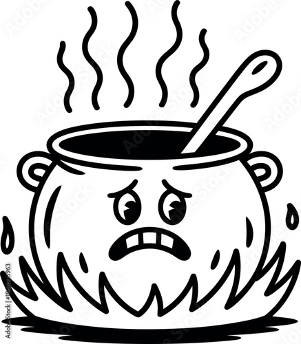 Cartoon pot character with a sad face being heated on a fire