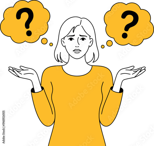 Confused woman shrugging shoulders with question marks in thought bubbles