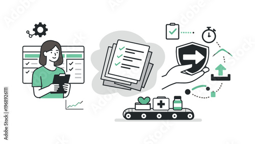 Modern minimal flat vector conceptual collage, crisp hard edges, consistent THIN outline stroke, rounded corners where needed,