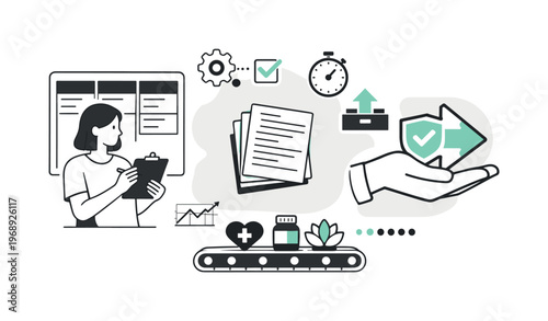 Modern minimal flat vector conceptual collage, crisp hard edges, consistent THIN outline stroke, rounded corners where needed,