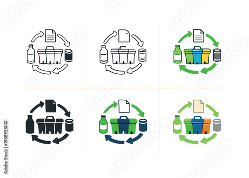 Recycling Icons Grid. Eco recycling icon showing bins, arrows, and recyclable items arranged to illustrate the recycling process,