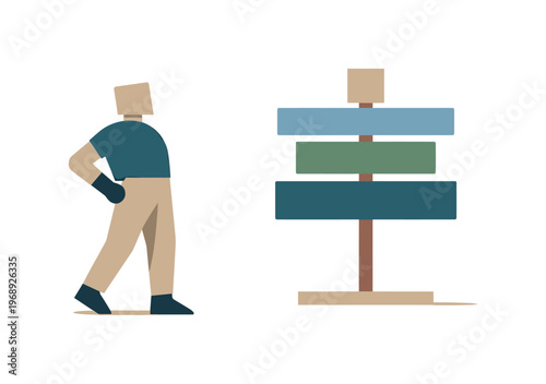 Person standing at a crossroads signpost, contemplating directions and choices