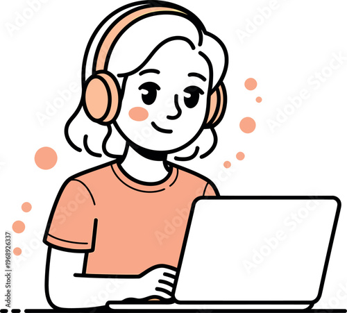 Young woman wearing headphones working on a laptop computer