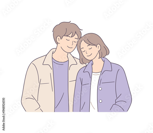 Man woman light jackets enjoying a sunny afternoon pause, standing close and smiling softly, minimalist flat vector illustration