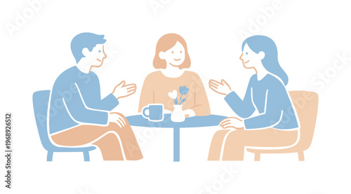 Friends enjoying gentle discussion in unhurried routine, calm expressions and balanced composition highlighting emotional comfort