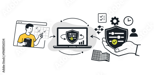 Modern minimal flat vector conceptual collage, crisp hard edges, consistent THIN outline stroke, rounded corners where needed,