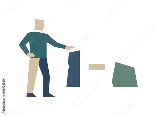 Individual introducing deliberate spacing between problem fragments, defining early conceptual boundaries. Stylized editorial