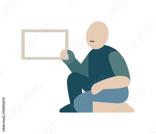 Individual holding a simple empty frame near the forms, testing boundaries without fixing conclusions. Stylized editorial