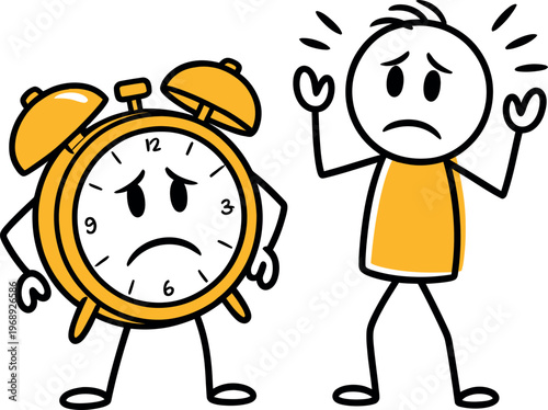 Cartoon stick figure character looking stressed and frustrated next to a sad alarm clock representing time management issues and deadline pressure