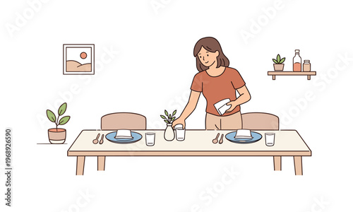 Woman preparing tidy table setting as part of daily routine, balanced composition with table centered and open space around,