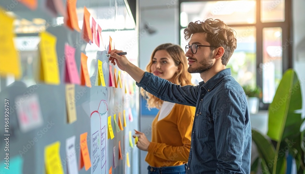 Obraz premium Creative team collaboration with sticky notes and markers in modern workspace