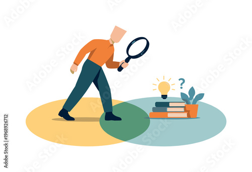 Awareness driven reasoning deepens as the figure steps into the overlap to consciously examine uncertainty. Stylized editorial